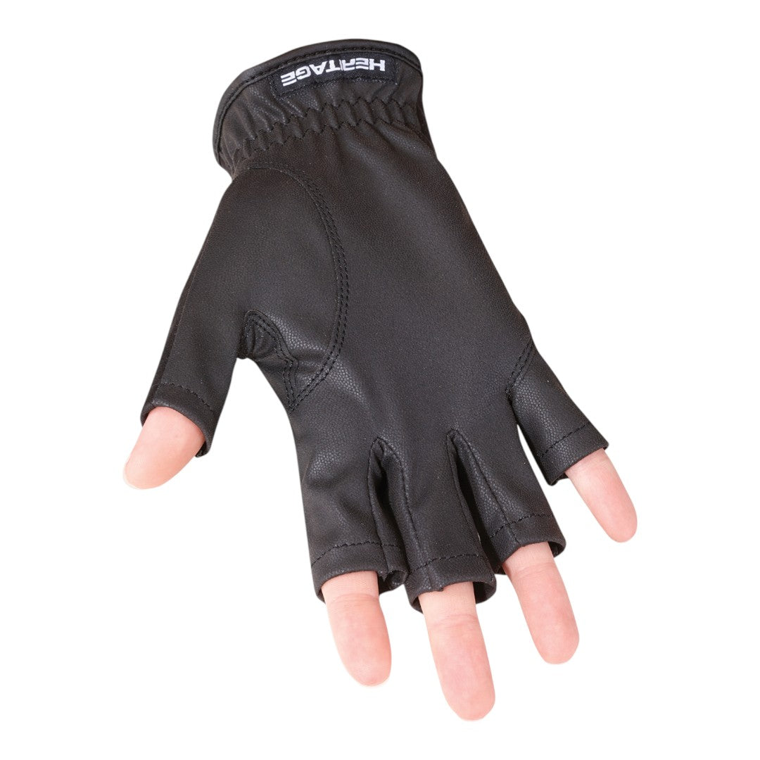 Black riding glove with open fingertips and a gathered elastic cuff printed with the Heritage logo, worn on a hand