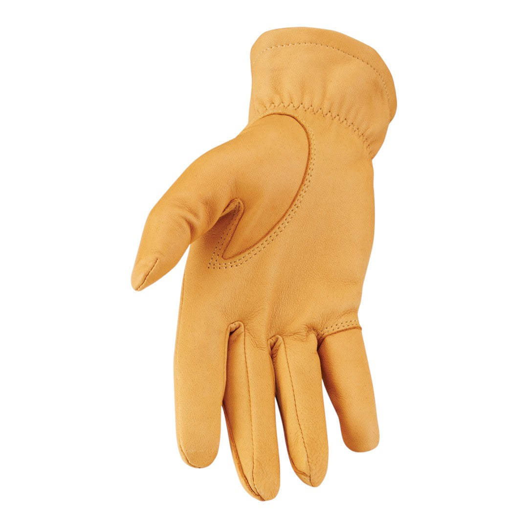 Palm side of a tan leather winter glove with the fingers spread and a gathered elastic wrist