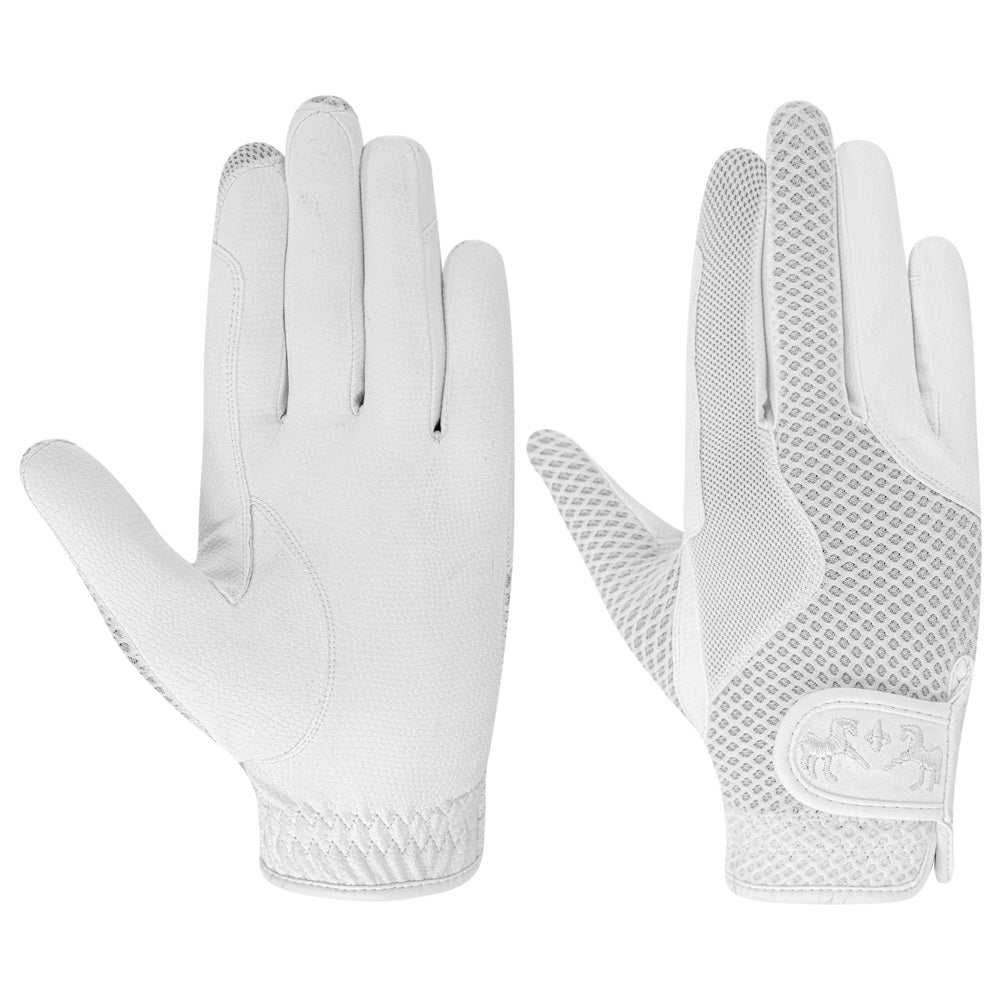 Pair of white riding gloves on white, palm and back shown, with a mesh back and logo wrist tab