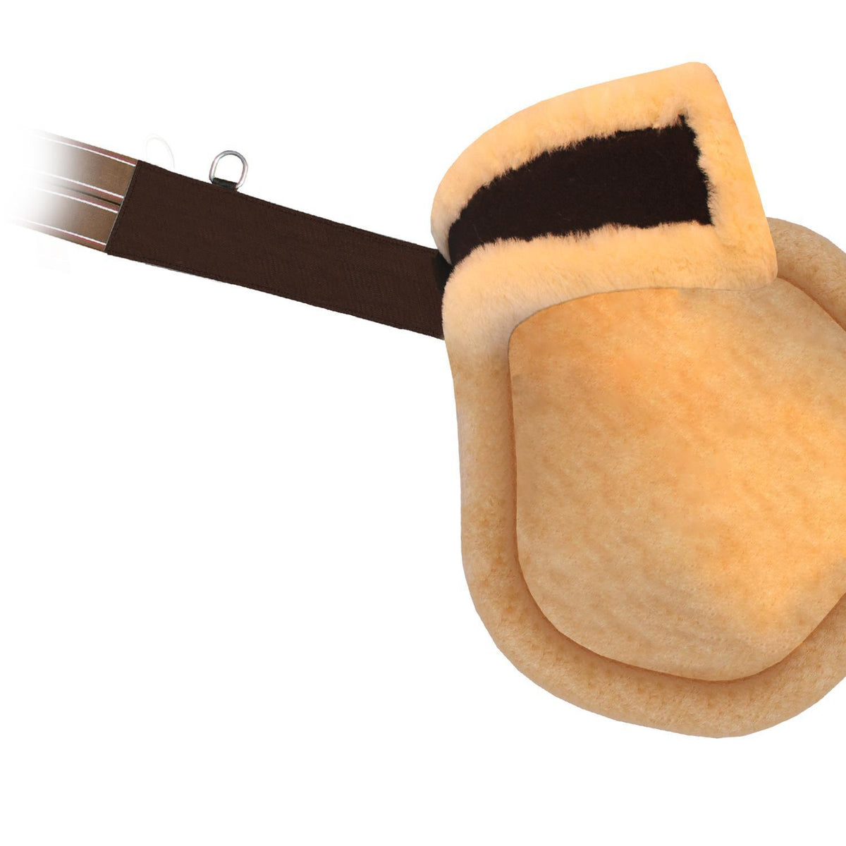 Close detail of the cream fleece lining on the girth's underside, with the brown strap and a small D-ring