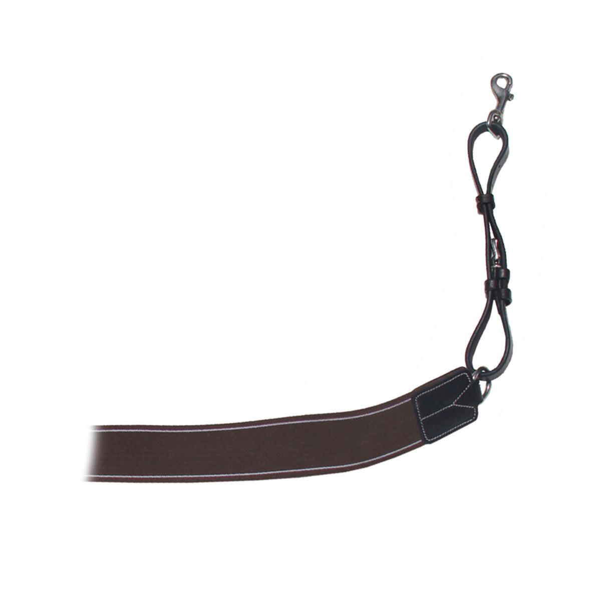 Close view of one end of the brown elastic strap with its leather tab and steel snap