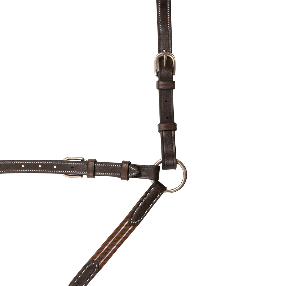Close detail of a breastplate buckle, keepers and metal ring on dark brown leather