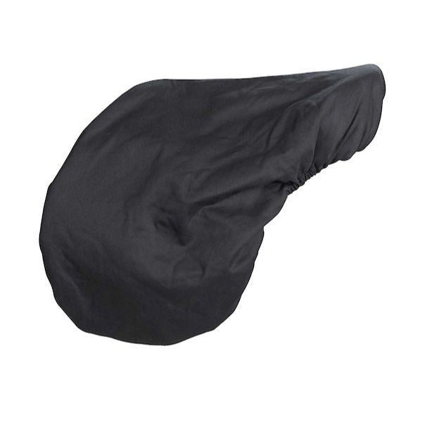 Black fitted saddle cover with an elastic edge, shown in its fitted shape on white