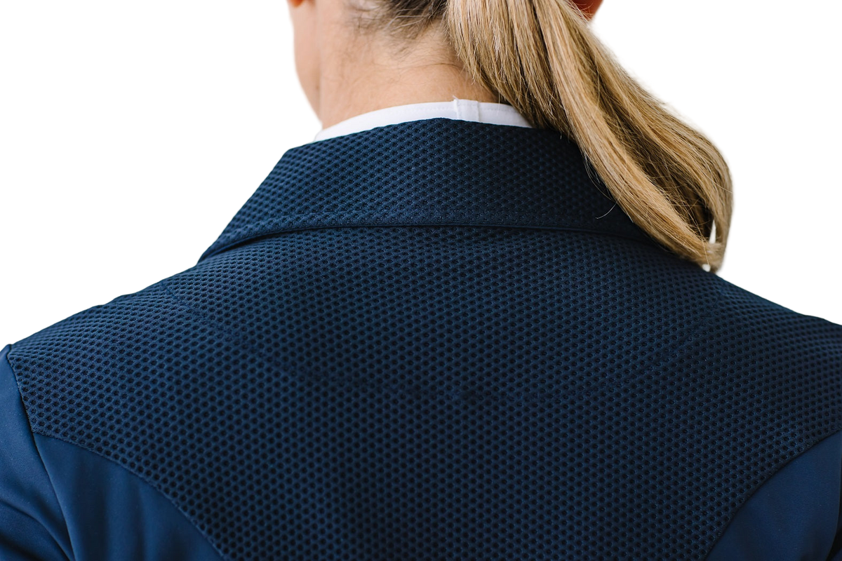 Close detail of the navy coat's mesh collar and upper back panel from behind
