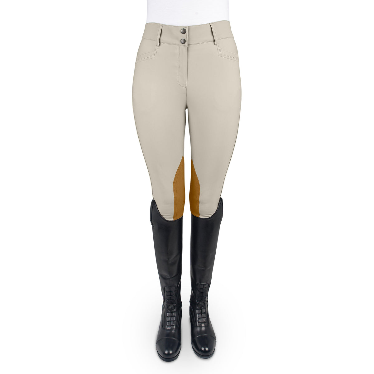 Front view of light tan breeches with brown knee patches, worn with black tall boots