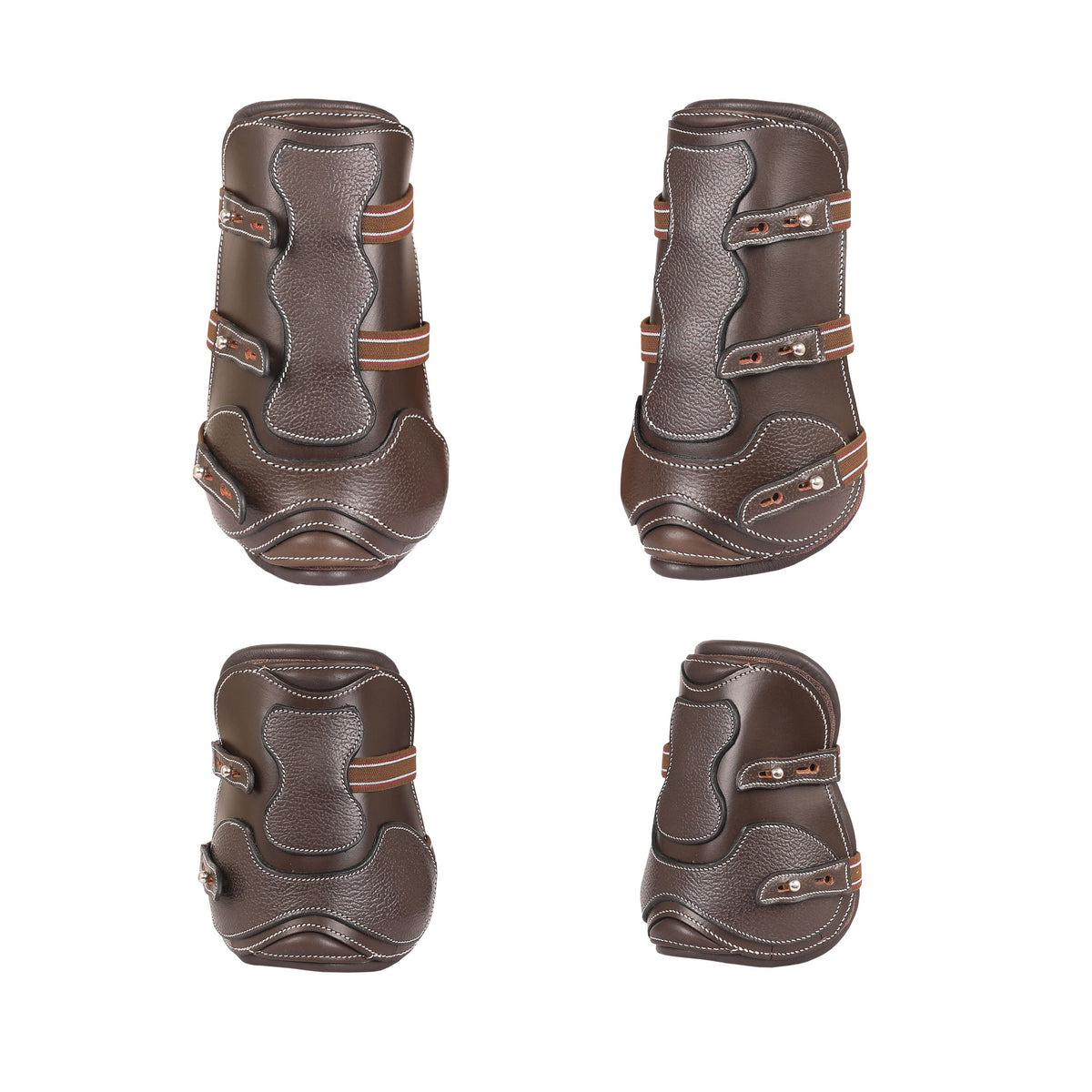 Four dark brown leather boots without fleece, all seen from the outer face, fronts above hinds