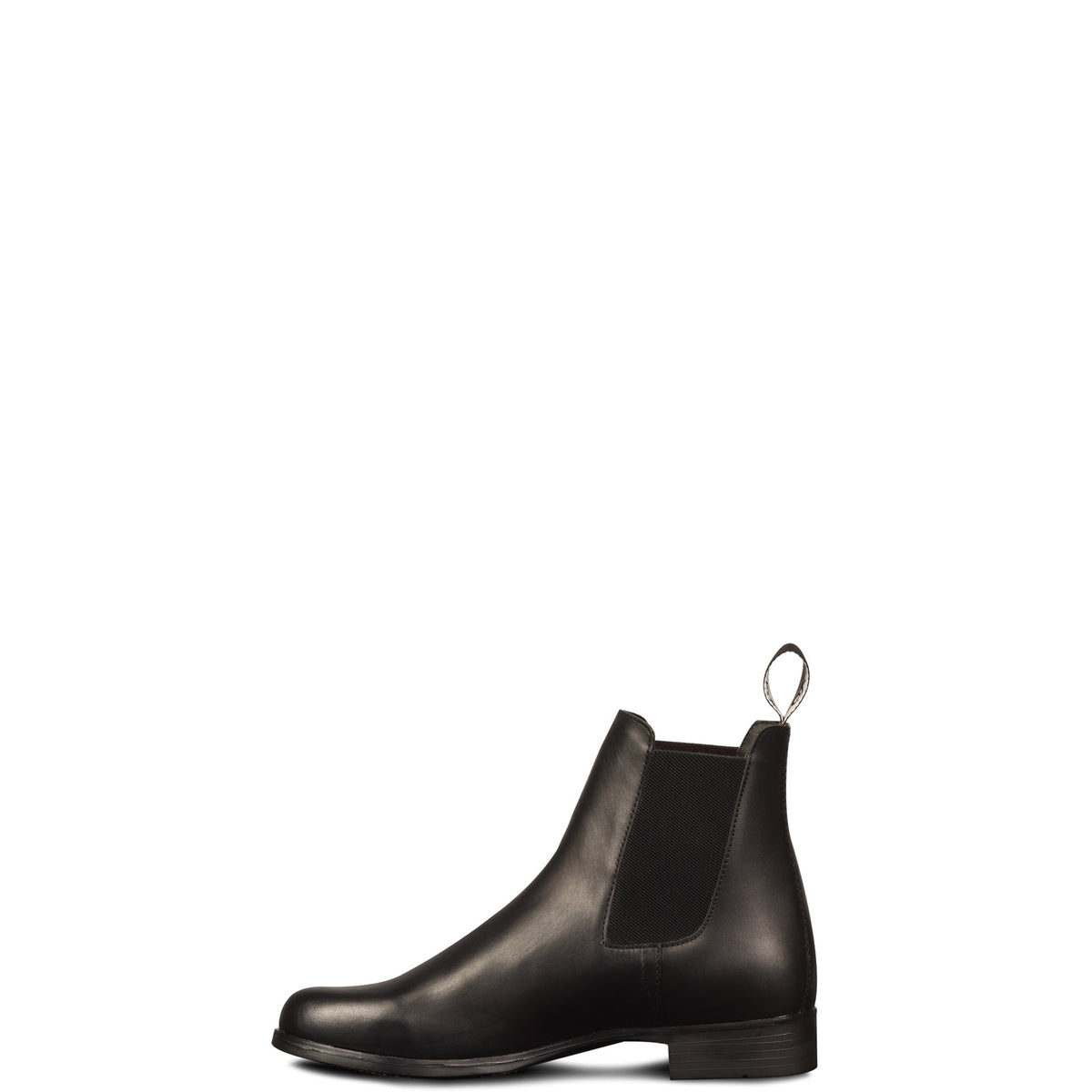 Inner side of a black jodhpur boot, toe pointing left, with an elastic panel and pull loop