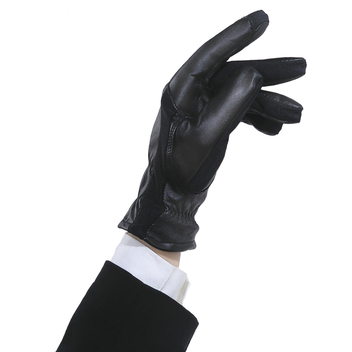 Black leather show glove worn on a hand with a white shirt cuff and dark coat sleeve