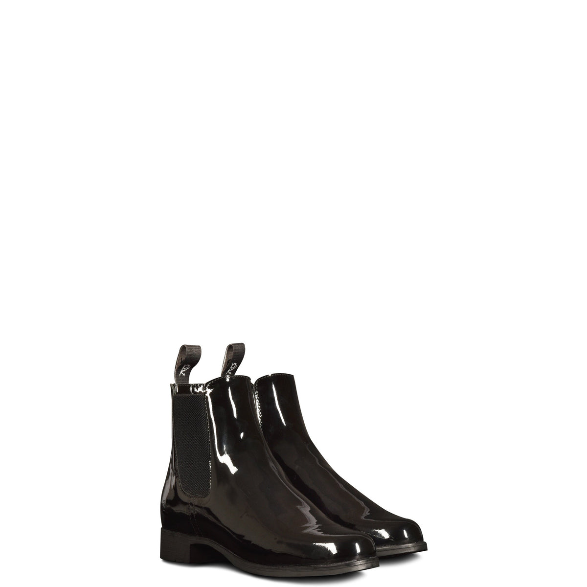 Pair of black patent jodhpur boots on white with elastic side panels and pull tabs, front angle