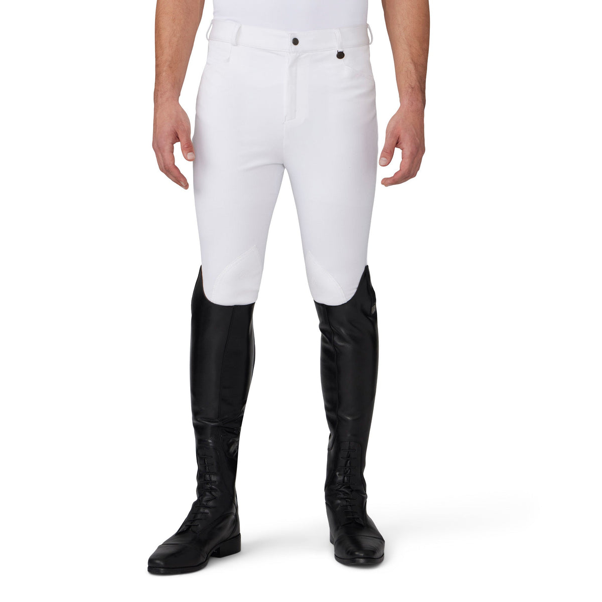 White breeches worn with tall black boots, front view from the waist down on white