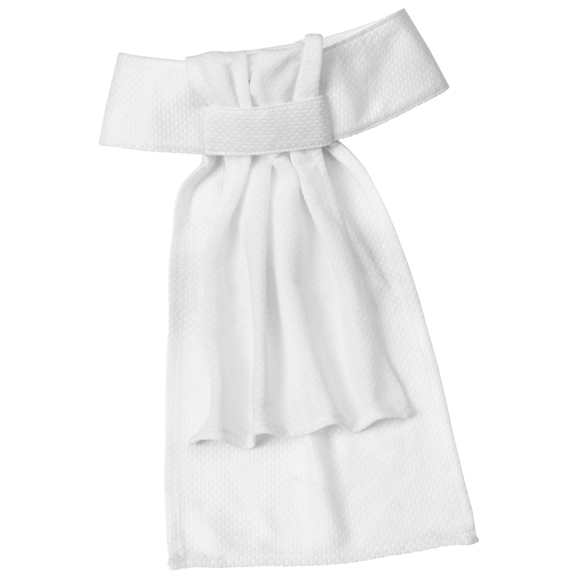 White dressage stock tie with a pre tied knot and wide neckband, laid flat on white