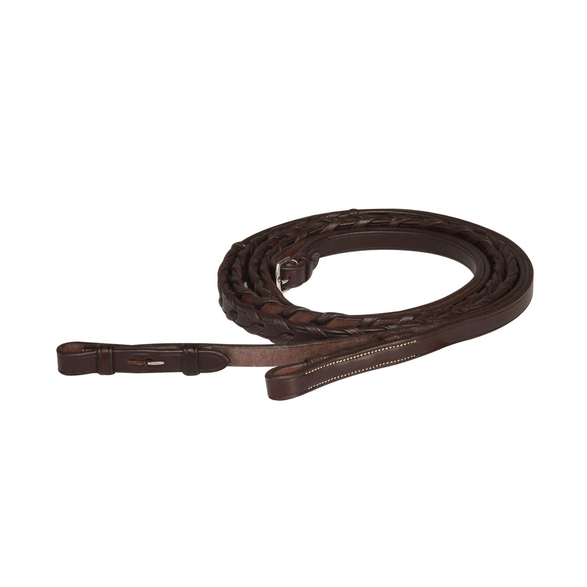 Dark brown laced reins coiled on white, showing the buckle ends and the flat leather sections