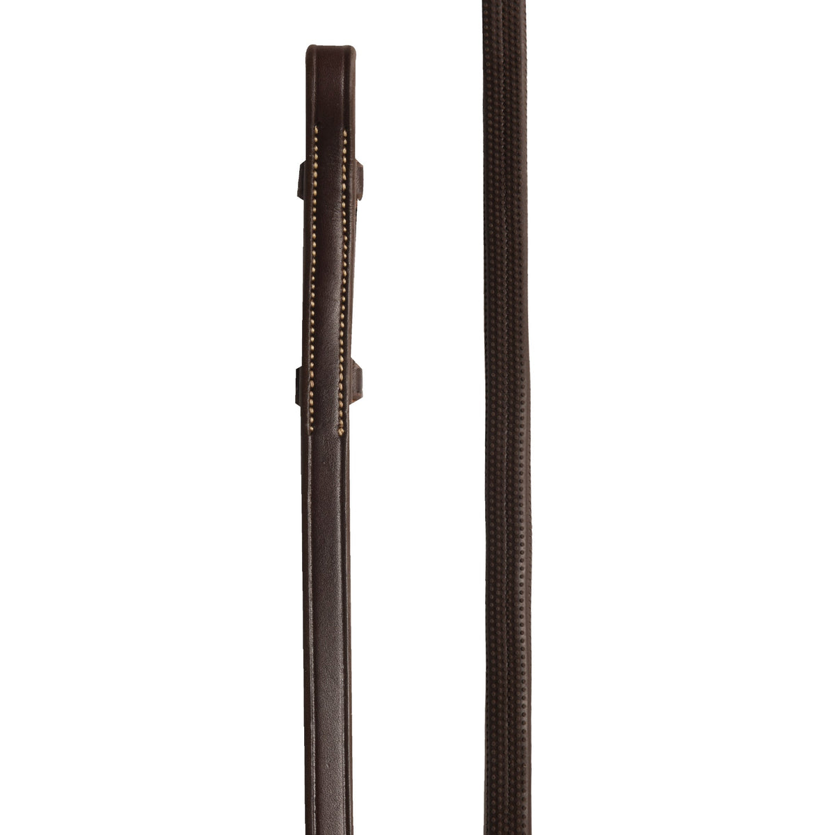 Close detail of dark brown reins: the leather end with stitched hand stops beside the textured grip section
