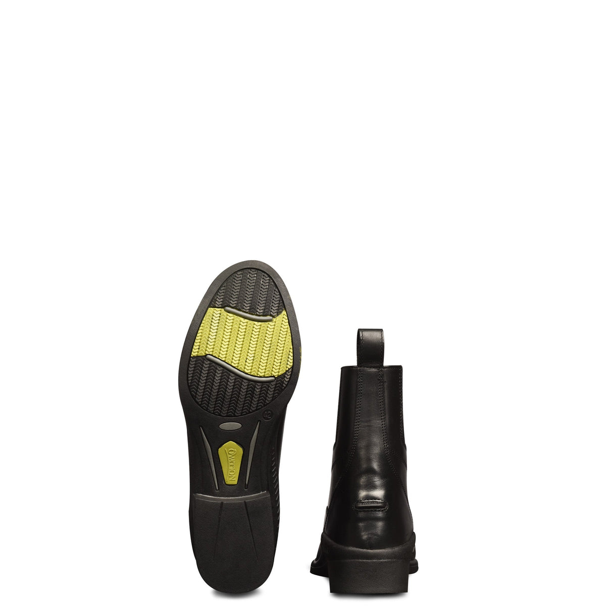 Sole of a black paddock boot with a yellow tread insert beside a back view of the boot and its pull tab, on white