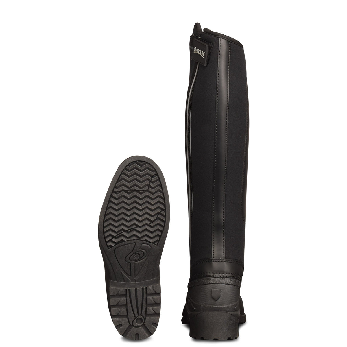 Sole of a black tall winter boot showing the deep tread beside a back view of the boot shaft, on white