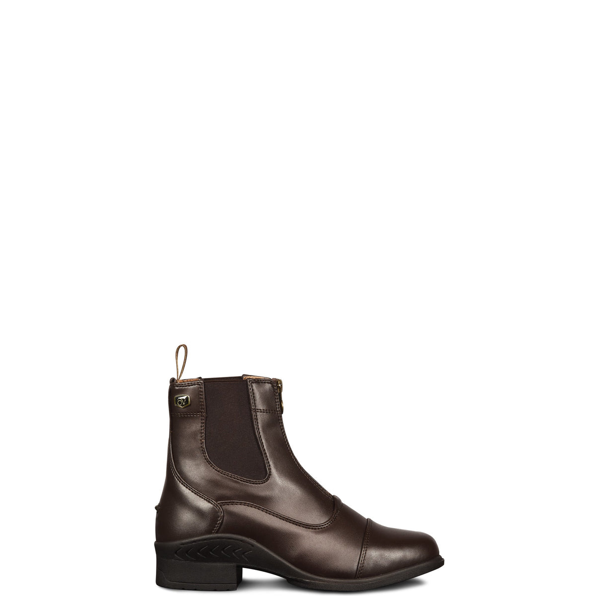 Outer side of a dark brown zip paddock boot with an elastic panel and a logo tab at the top back