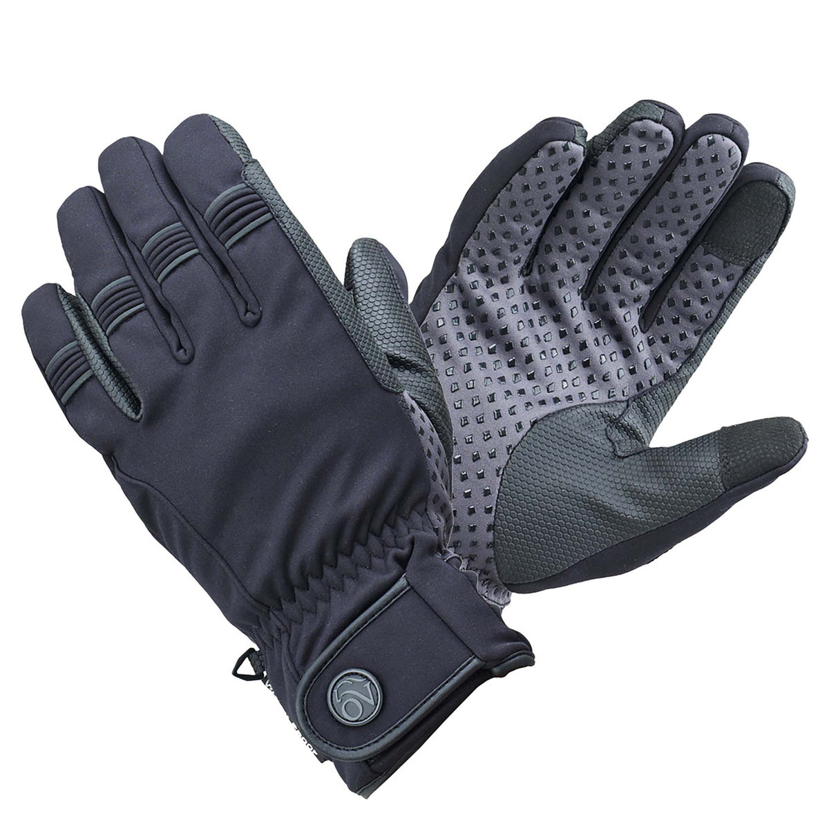 Pair of black winter riding gloves with a gray textured palm and a wrist strap, on white
