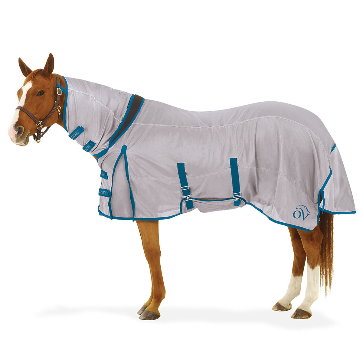 Light gray mesh fly sheet with teal straps and a full neck cover, side view on a chestnut horse