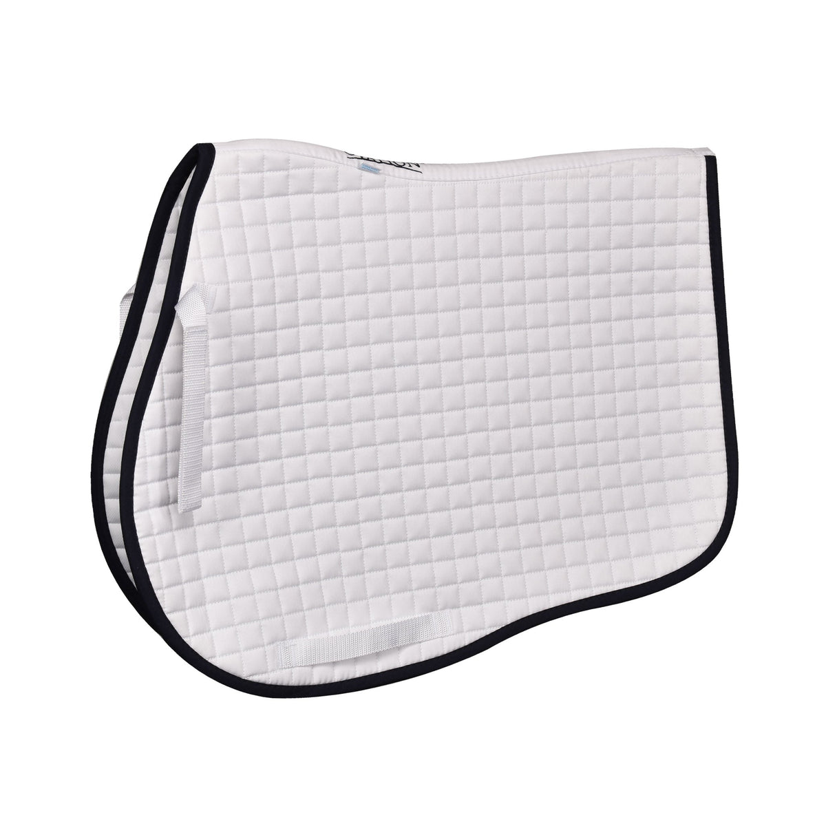 White jumper saddle pad on white with a square quilting pattern and navy edge binding
