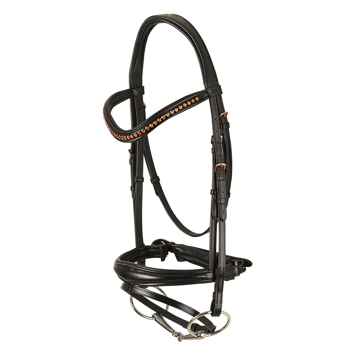 Black dressage bridle with a copper beaded browband, crank noseband and flash, shown with a bit on white