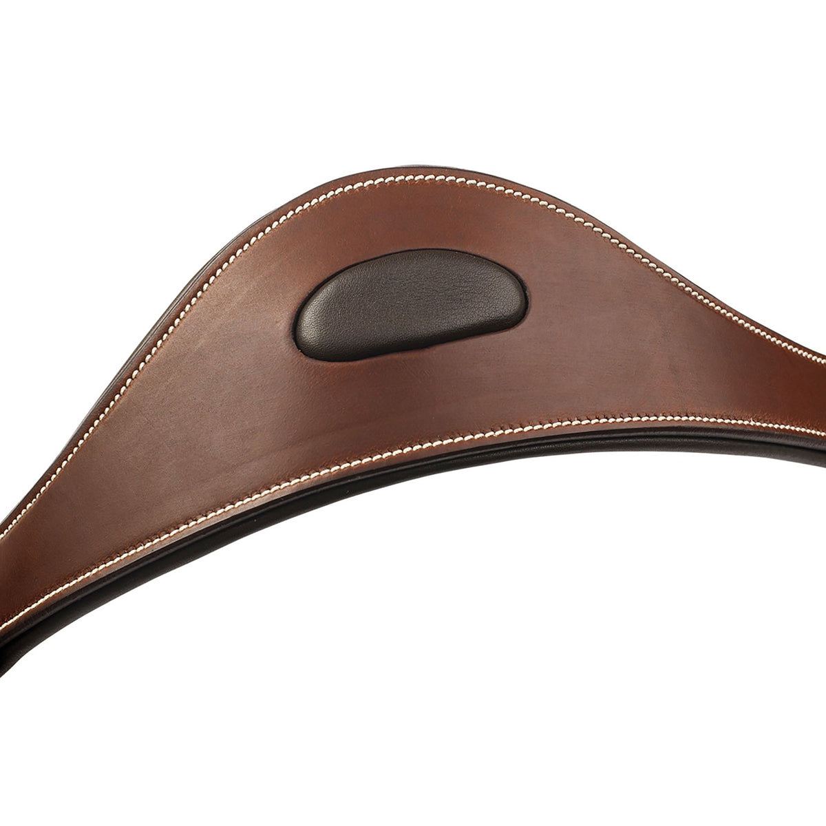 Close detail of a brown crownpiece from above with white stitching and a dark oval padded insert