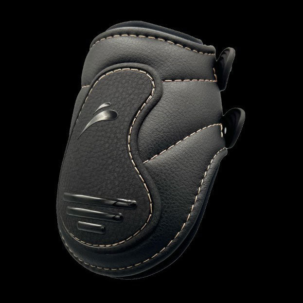 Three-quarter view of the dark rear boot filling the frame on black, with raised logo bars and two strap tabs