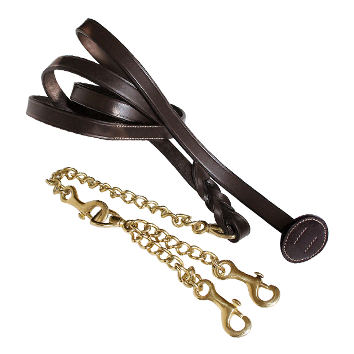 Dark brown leather lead with a braided join and two gold tone chains with snaps, on white