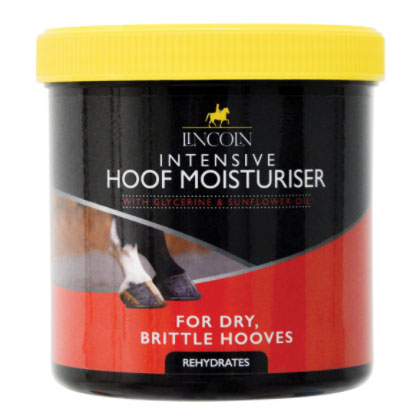 Black and red tub with a yellow lid and a Lincoln hoof moisturizer label, front view
