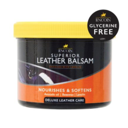 Tub of Lincoln Superior Leather Balsam with a yellow lid and an orange and black label
