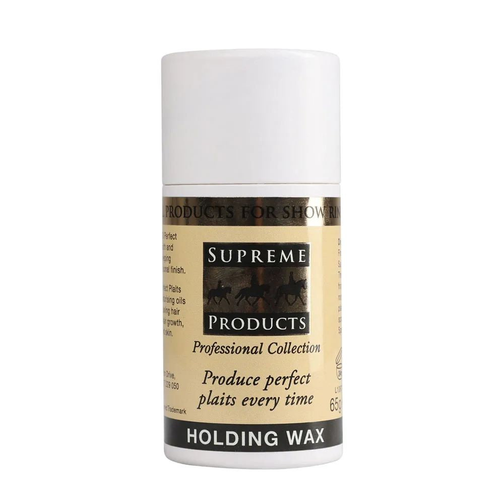 White tub of Supreme Products Holding Wax with a cream and black label, on white