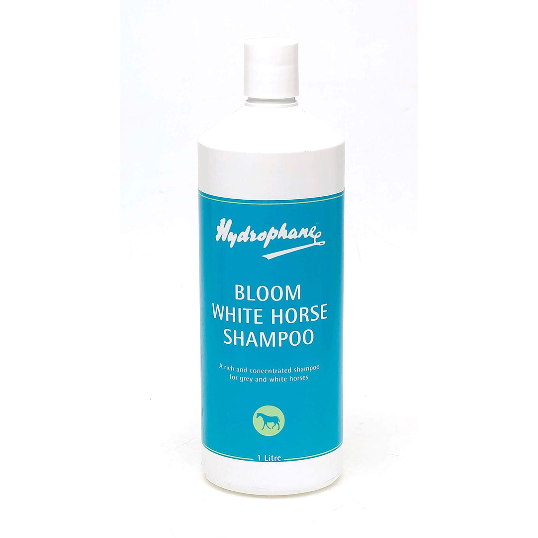 White 1 liter bottle of Hydrophane Bloom White Horse Shampoo with a turquoise label