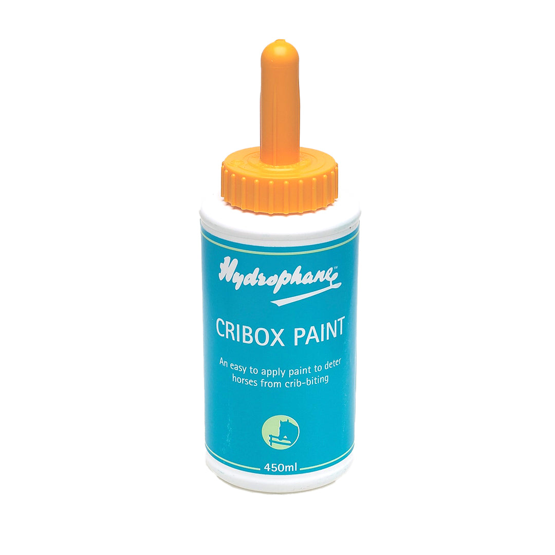White bottle with an orange applicator nozzle and a teal Hydrophane Cribox Paint label