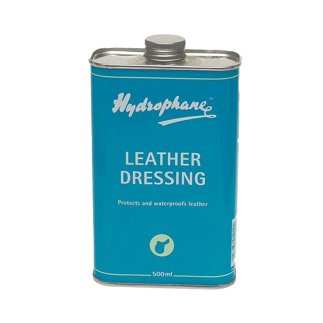 Blue tin of Hydrophane Leather Dressing with a screw cap, labeled 500ml, on white