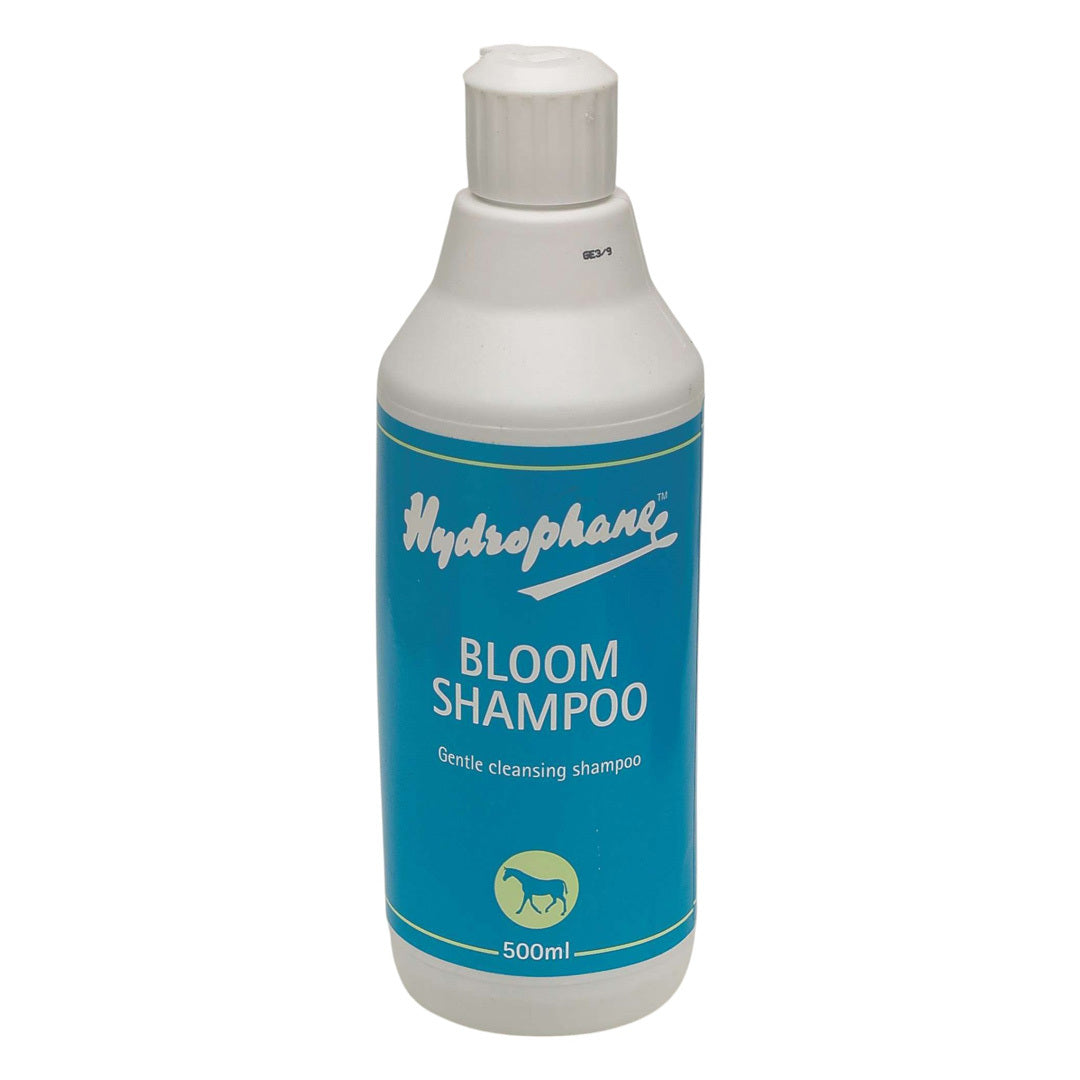 White bottle of Hydrophane Bloom Shampoo with a teal label and white cap, front view on white