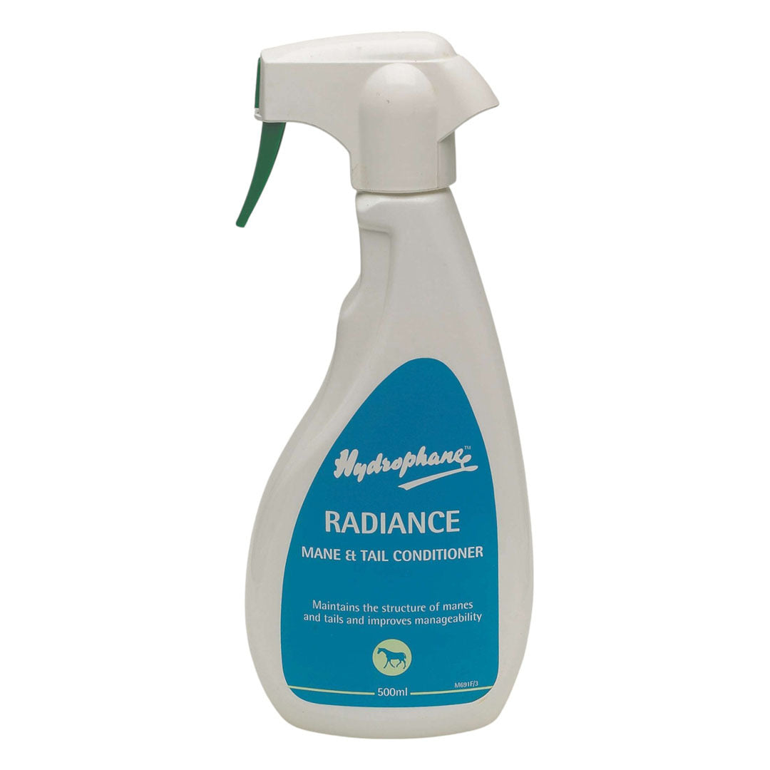 White spray bottle of Hydrophane Radiance Mane and Tail Conditioner with a blue label, front view