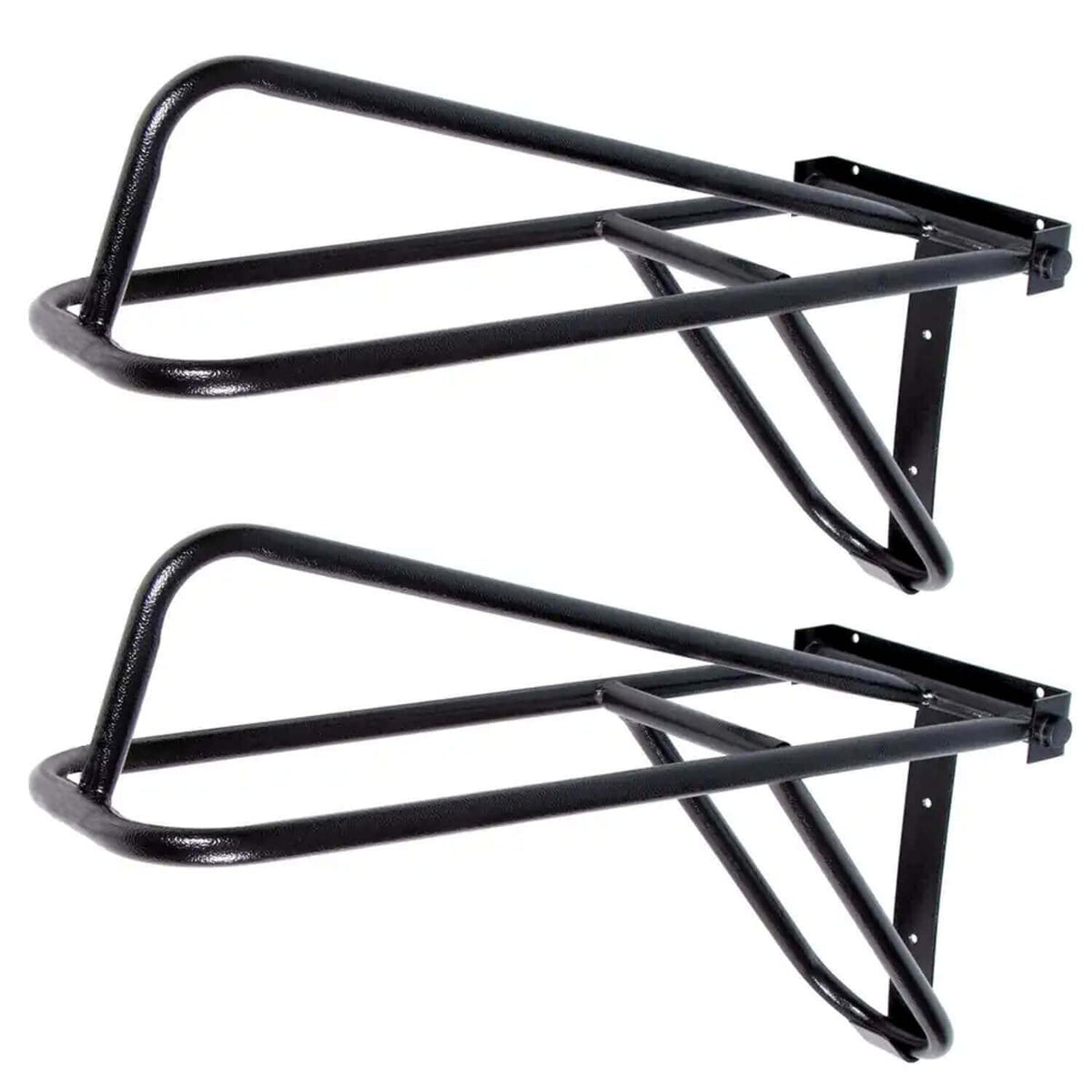 Two black tubular fold-down saddle racks with wall mounting brackets, shown on white