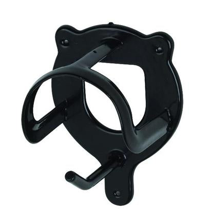 Black wall mounted bridle bracket with a curved hanger and a lower hook, three quarter view on white