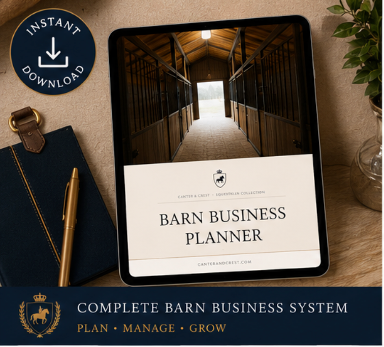 Tablet displaying 'Barn Business Planner' on a desk with a pen and notebook.