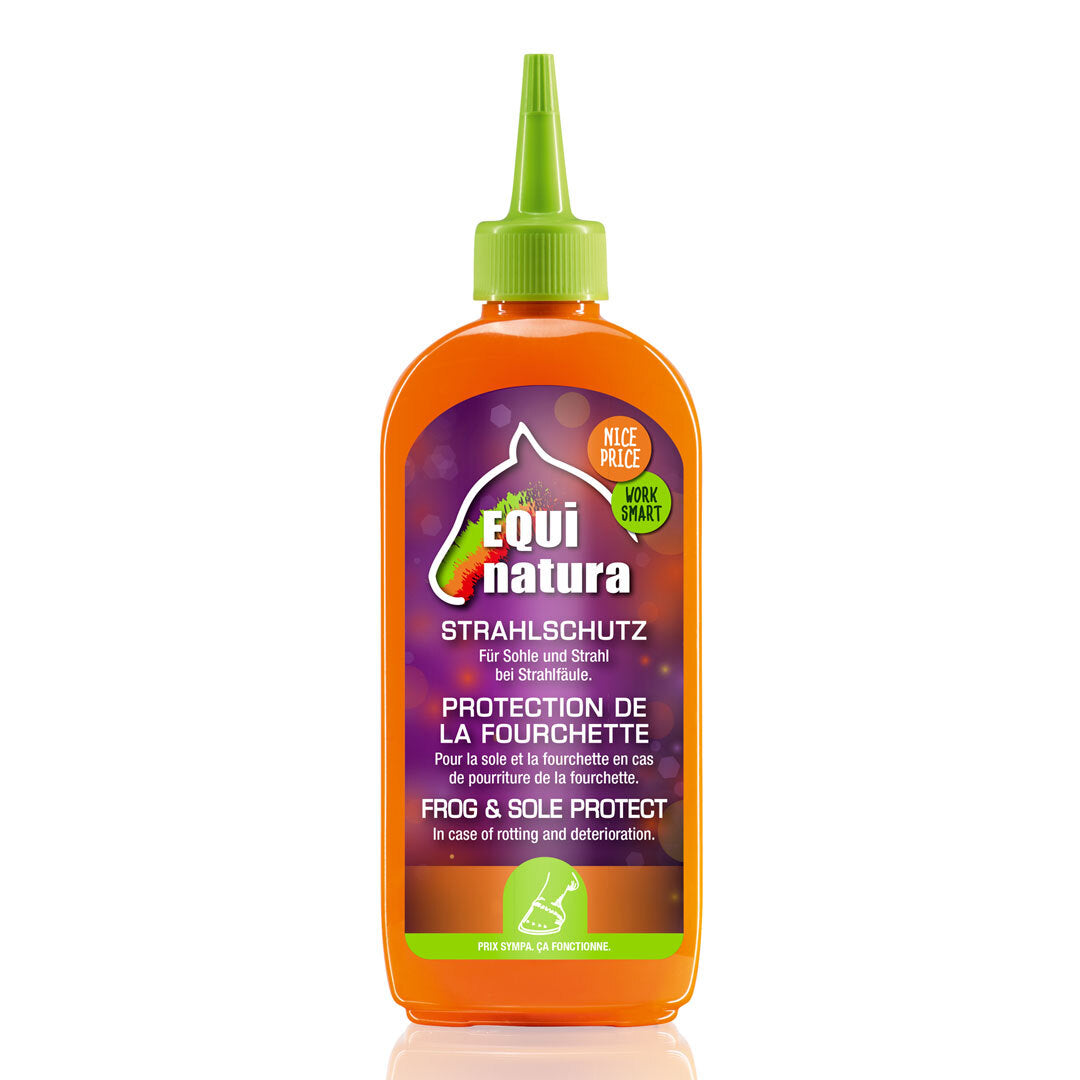Orange squeeze bottle with a green nozzle cap, labeled Equi natura Frog and Sole Protect, front view on white