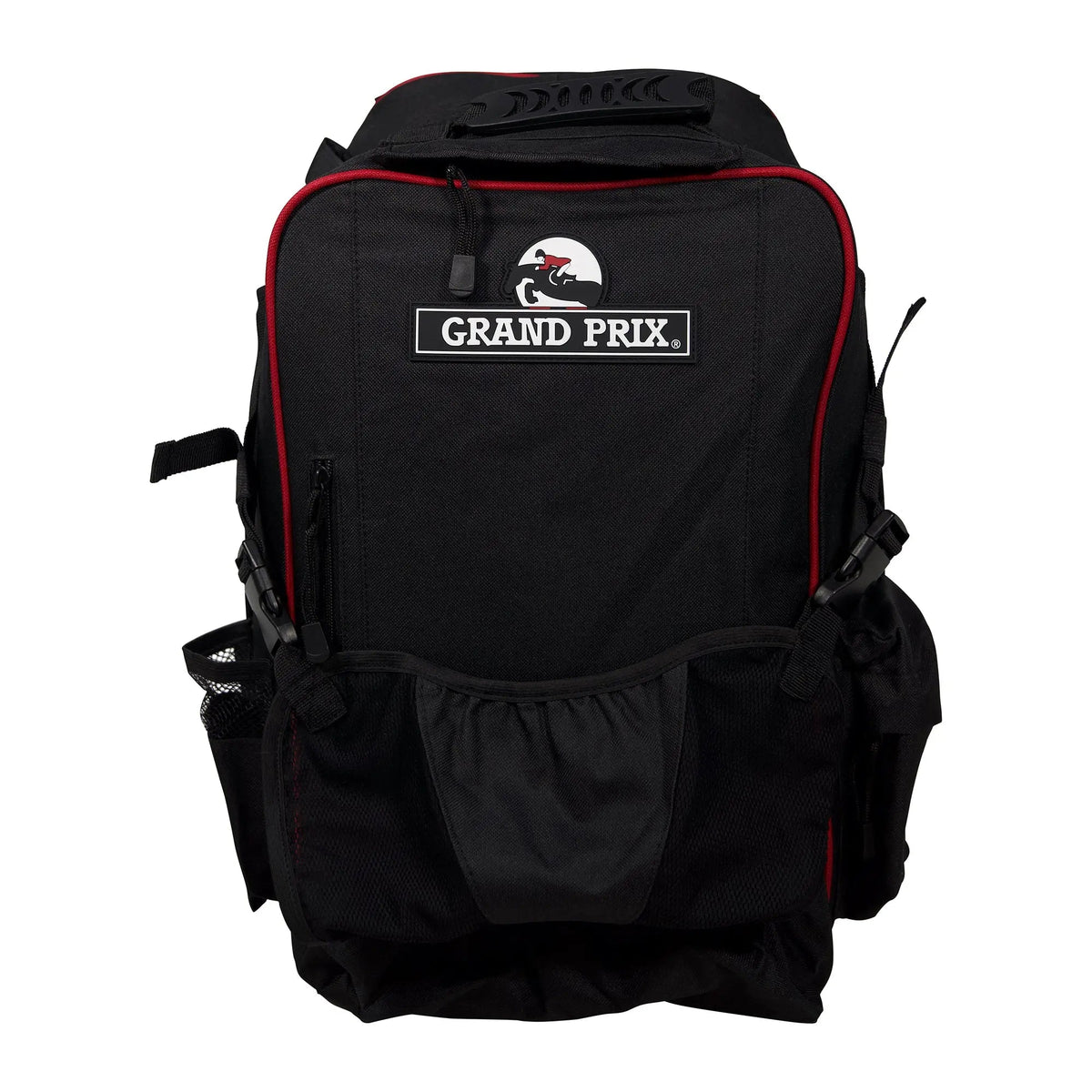 Front of the empty black backpack on white with a mesh front pocket, side pockets and Grand Prix logo patch