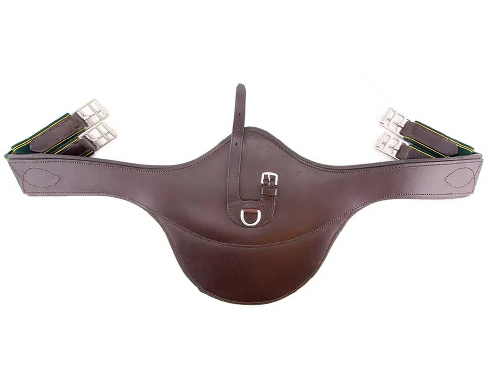 Front view of a brown leather stud guard girth with a wide belly panel, center strap, buckle and D ring