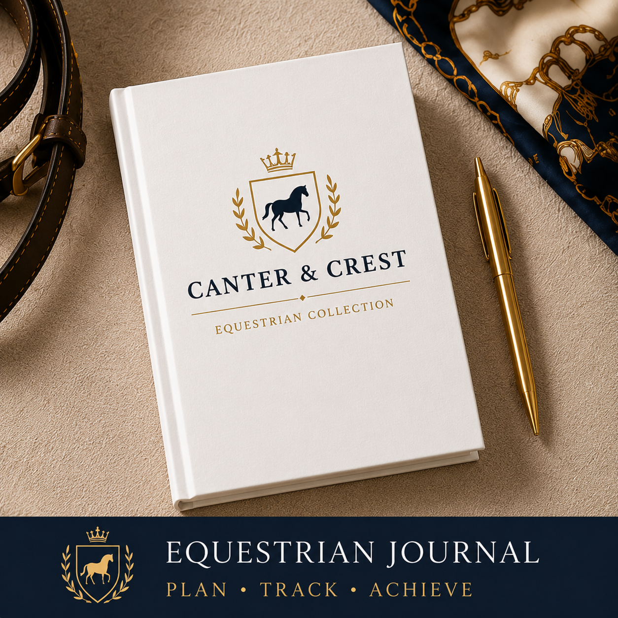 Equestrian journal with 'Canter & Crest' branding on a textured surface with a pen and decorative elements.