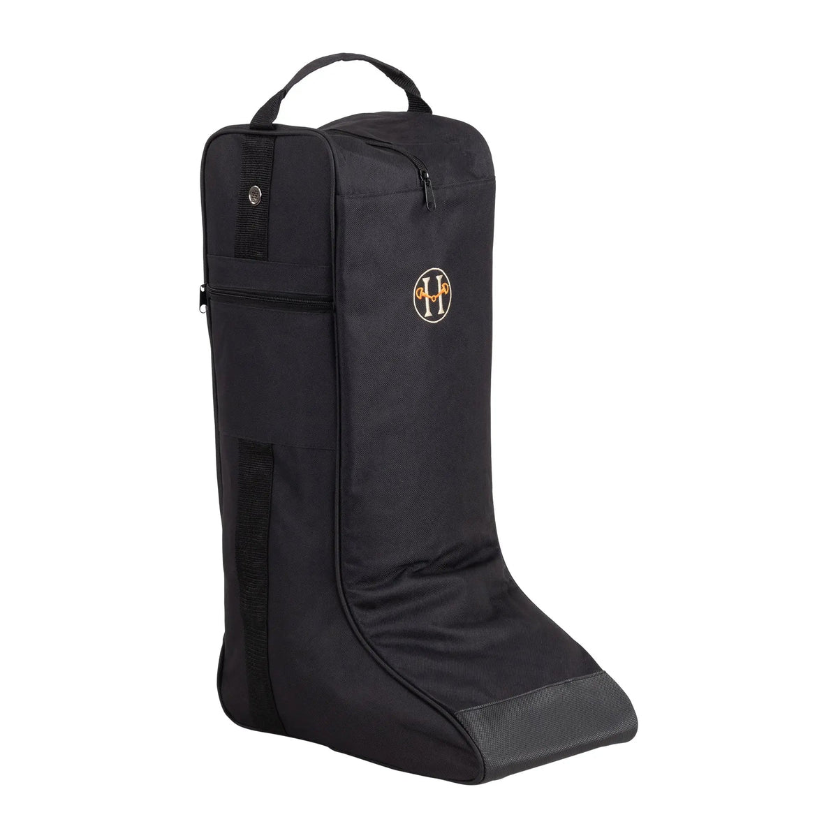 Full front view of the black tall boot bag with embroidered H logo and zip pocket on white