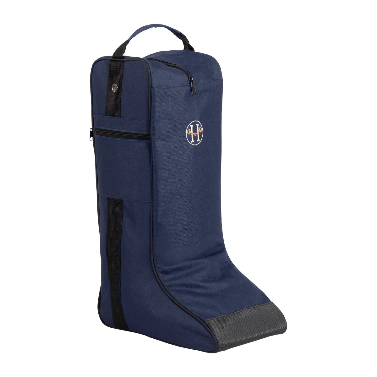 Full front view of the navy tall boot bag with embroidered H logo and black base panel on white