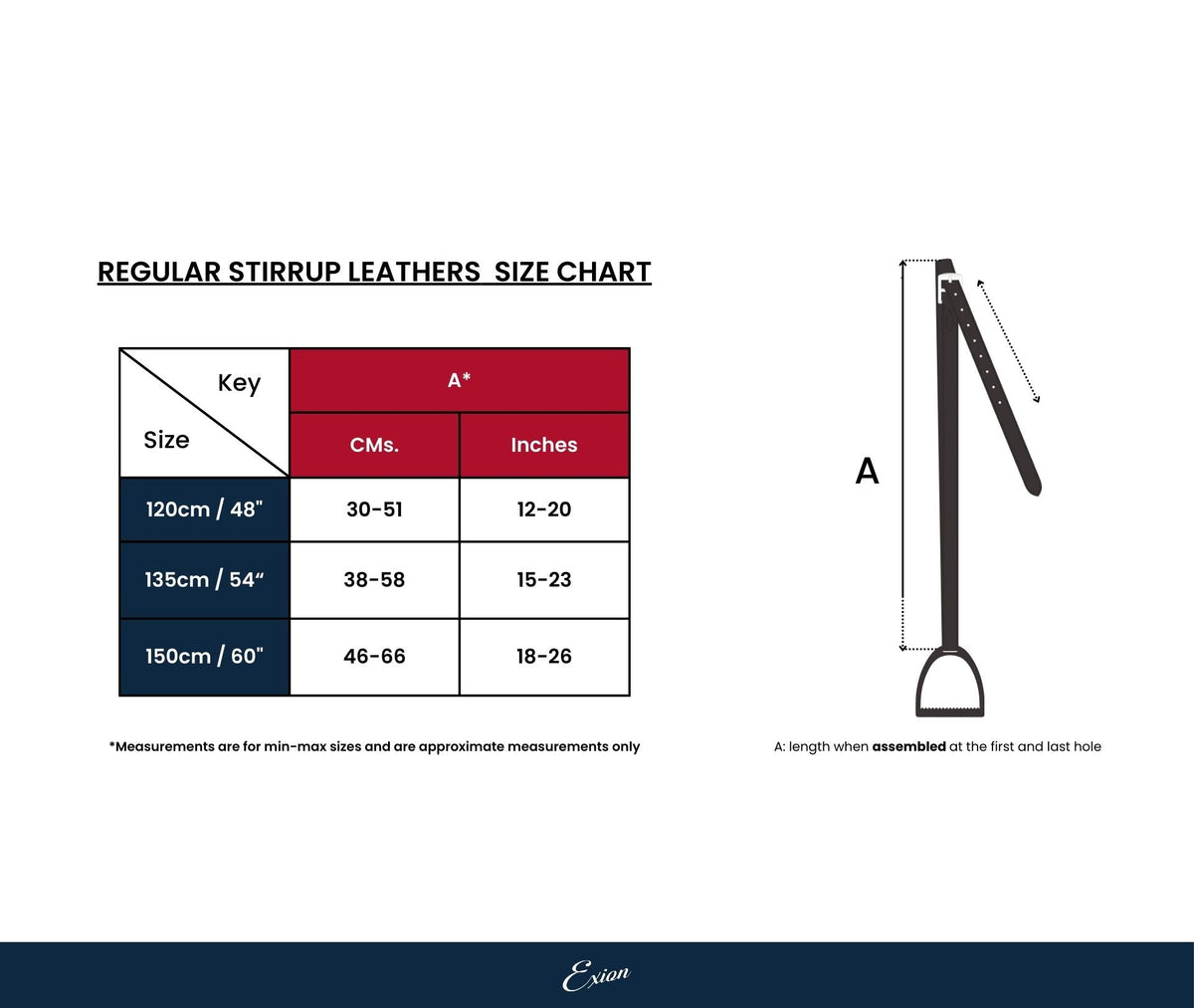 Size chart for the stirrup leathers