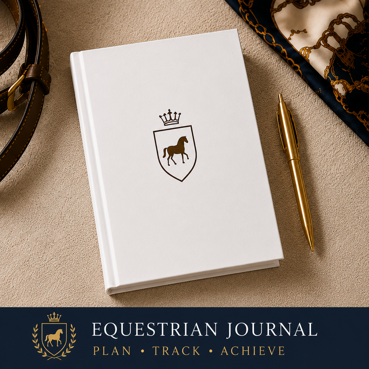 White equestrian journal with a gold pen on a textured surface, featuring the text 'Equestrian Journal: Plan. Track.