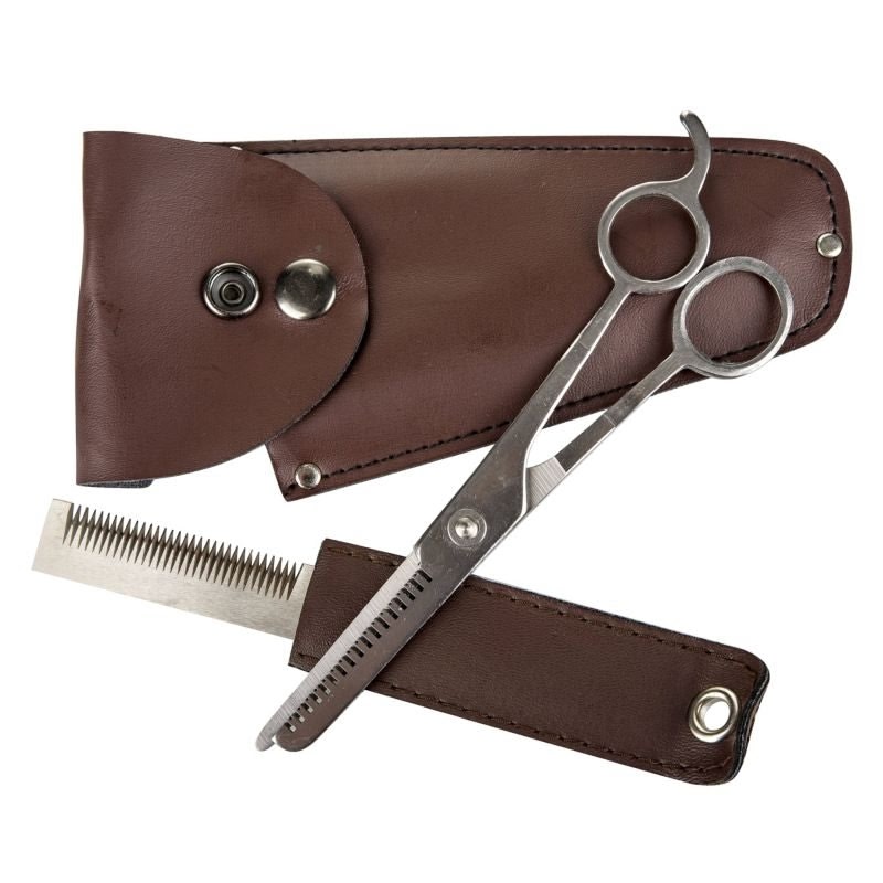Brown case with a snap flap holding thinning shears and a metal pulling comb, on white