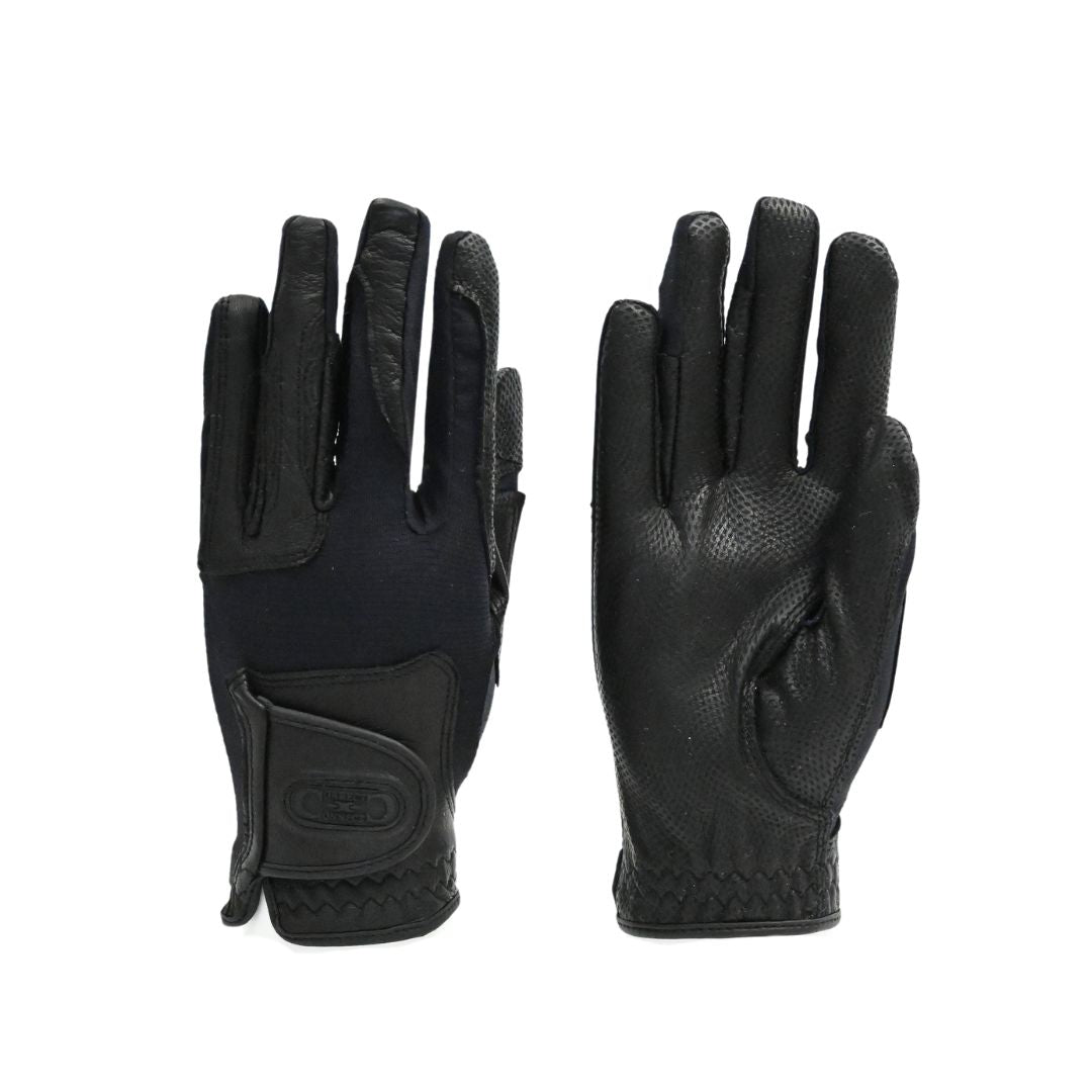 Pair of black riding gloves on white, one showing the back with logo wrist tab and one showing the perforated palm