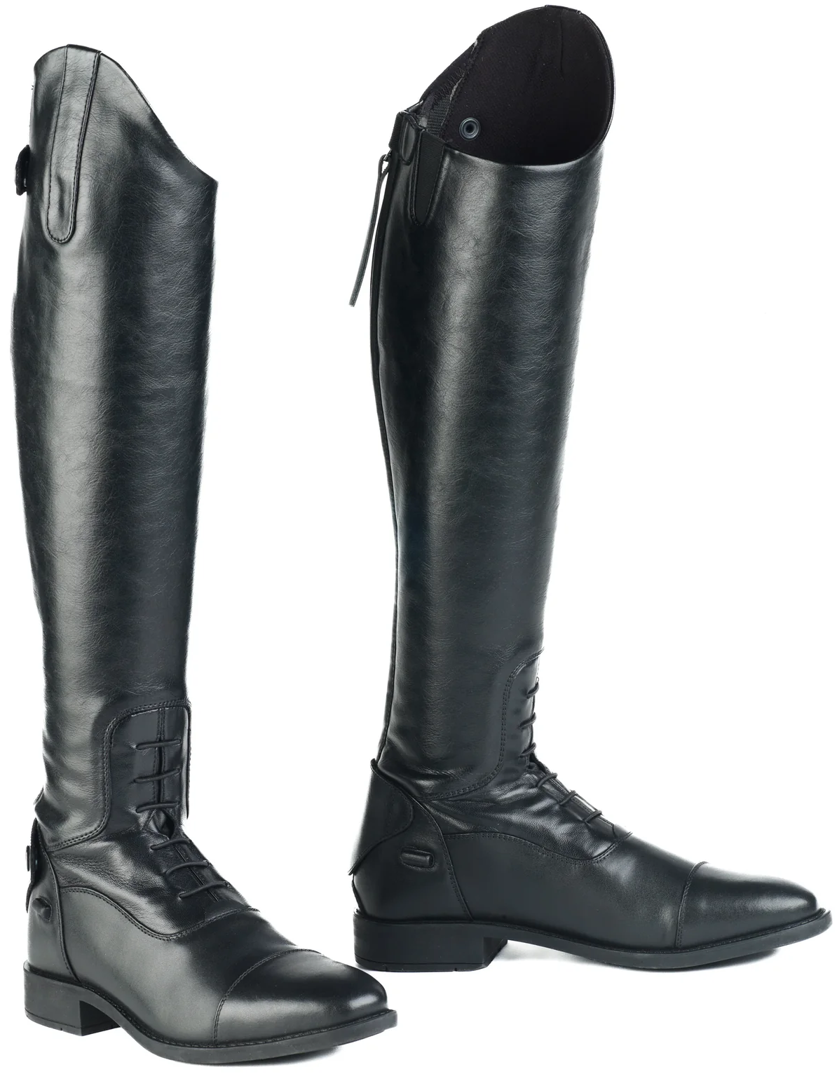 Pair of black leather tall riding boots with laced fronts and rear zips, front and rear views