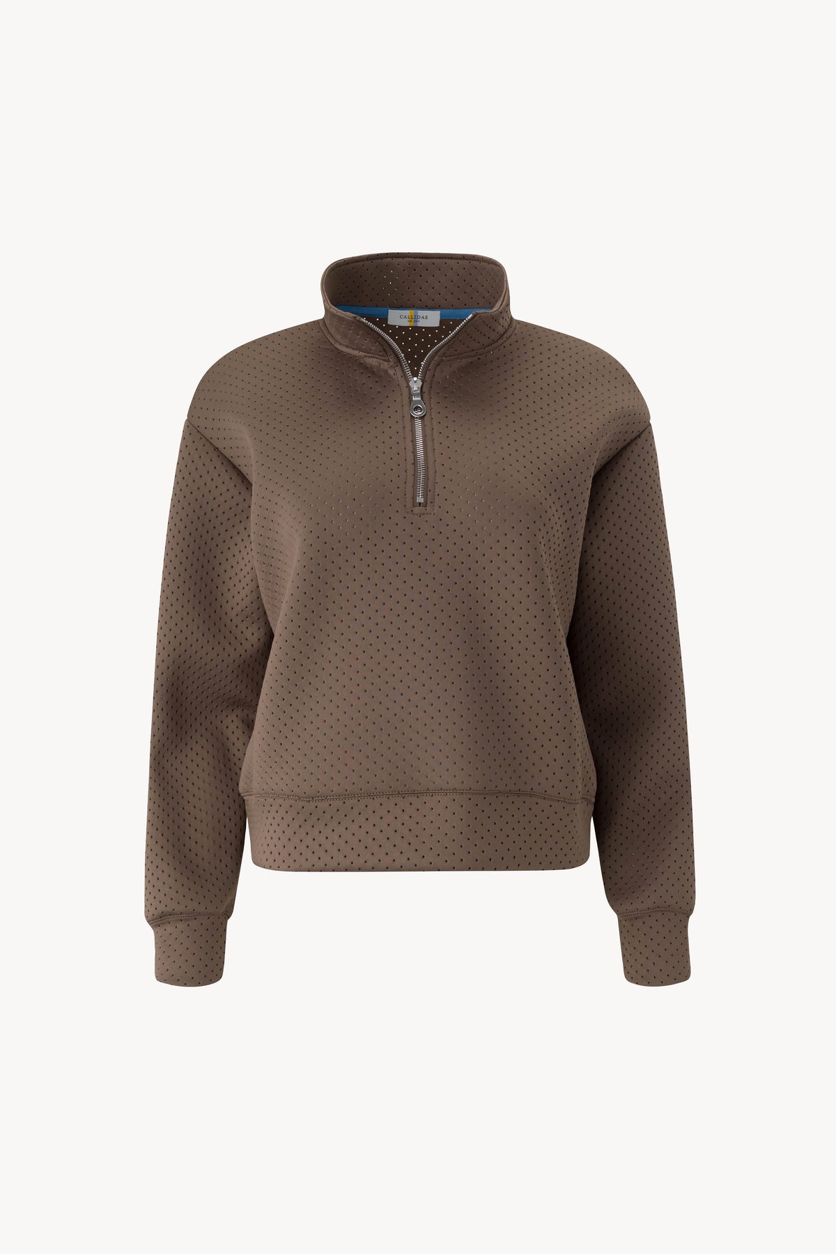 Front view of the taupe half zip pullover with a silver zip pull and ribbed cuffs, on a light background